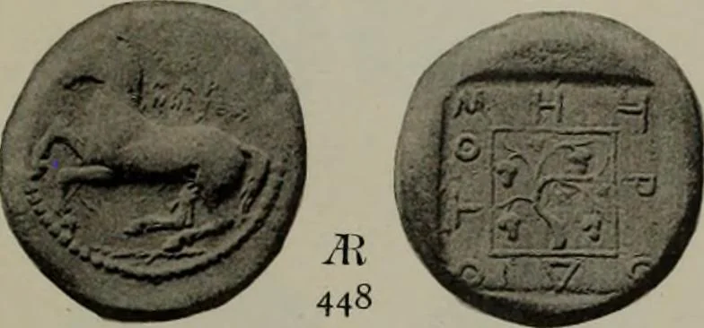 An illustration from Numismata graeca; Greek coin-types, classified for immediate identification, 1910, leaf 602