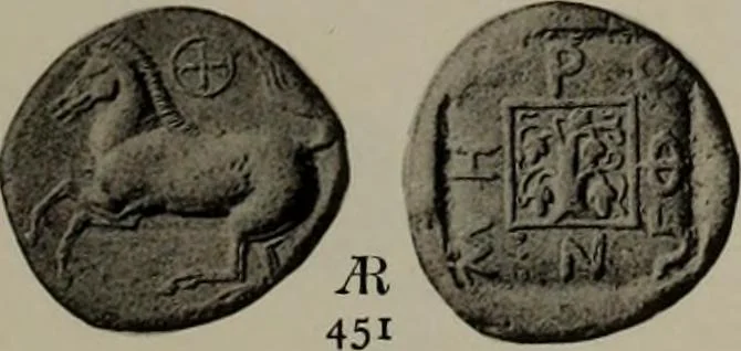 An illustration from Numismata graeca; Greek coin-types, classified for immediate identification, 1910, leaf 602