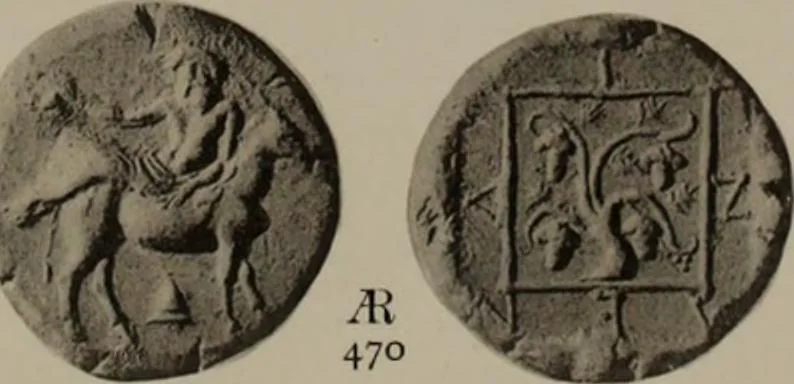 An illustration from Numismata graeca; Greek coin-types, classified for immediate identification, 1910, leaf 602