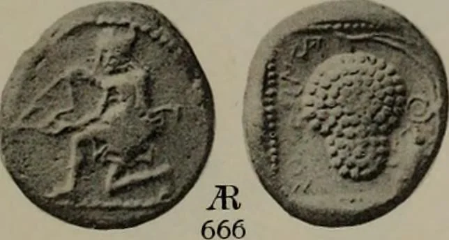 An illustration from Numismata graeca; Greek coin-types, classified for immediate identification, 1910, leaf 608