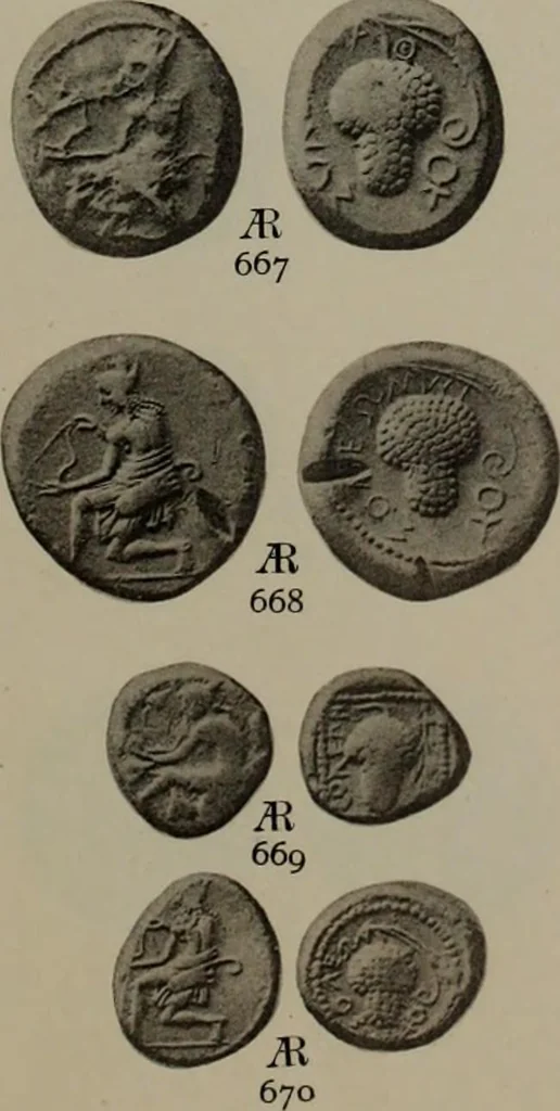 An illustration from Numismata graeca; Greek coin-types, classified for immediate identification, 1910, leaf 608