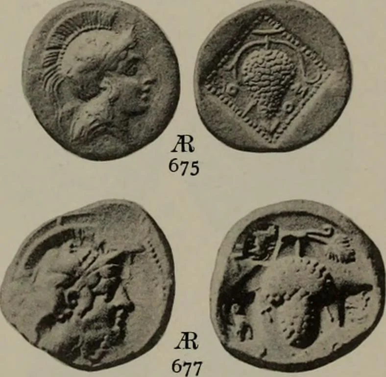 An illustration from Numismata graeca; Greek coin-types, classified for immediate identification, 1910, leaf 608