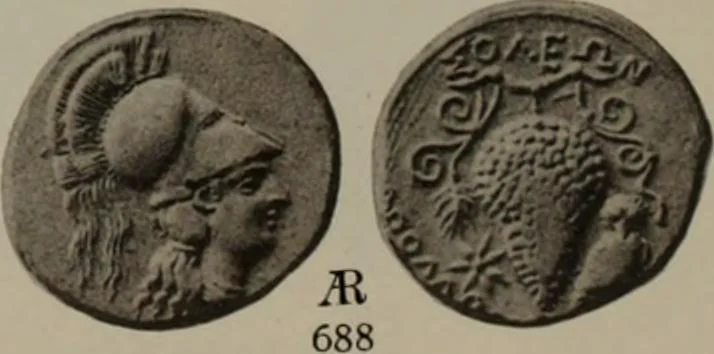 An illustration from Numismata graeca; Greek coin-types, classified for immediate identification, 1910, leaf 608