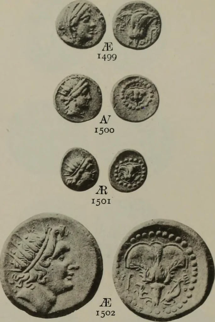 An illustration from Numismata graeca; Greek coin-types, classified for immediate identification, 1910, leaf 632