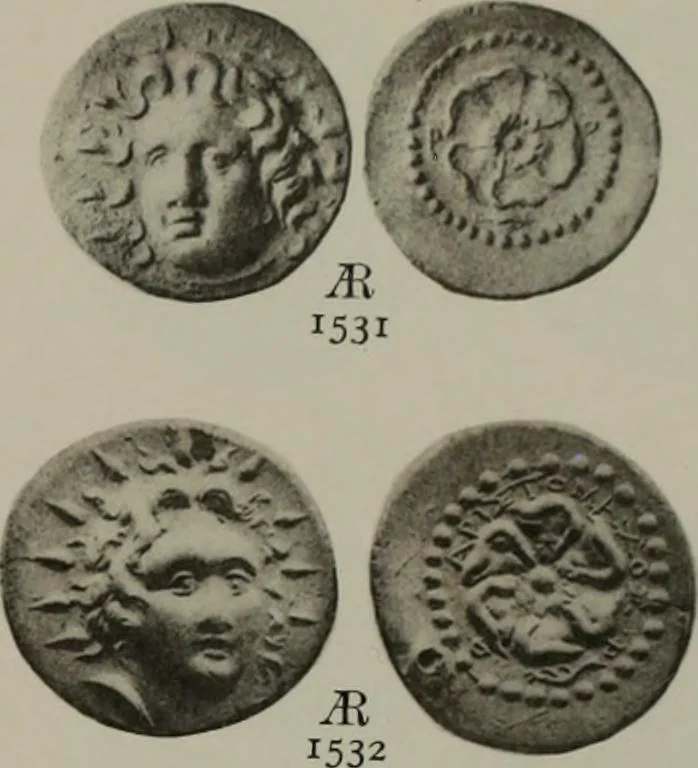 An illustration from Numismata graeca; Greek coin-types, classified for immediate identification, 1910, leaf 634
