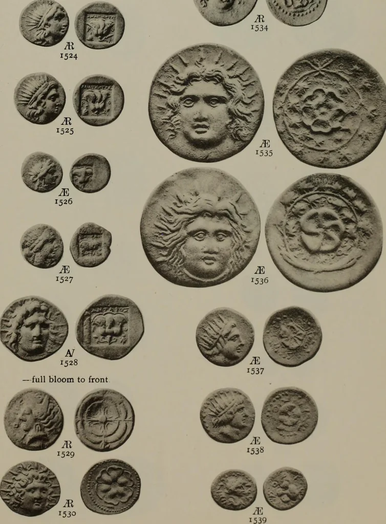 An illustration from Numismata graeca; Greek coin-types, classified for immediate identification, 1910, leaf 634