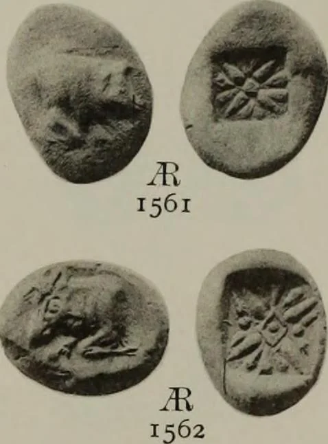 An illustration from Numismata graeca; Greek coin-types, classified for immediate identification, 1910, leaf 636