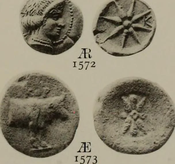 An illustration from Numismata graeca; Greek coin-types, classified for immediate identification, 1910, leaf 636