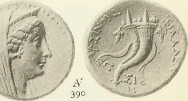An illustration from Numismata graeca; Greek coin-types, classified for immediate identification, 1910, leaf 138