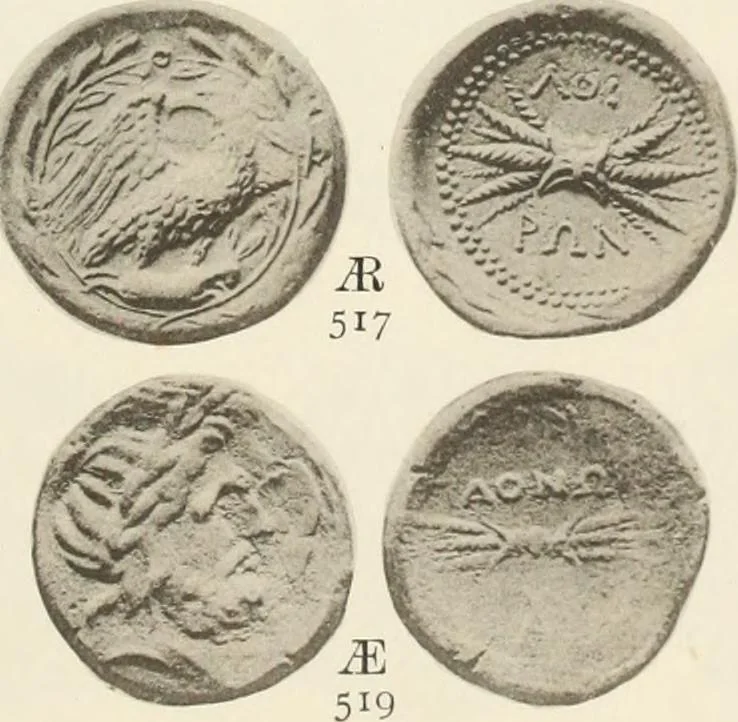 An illustration from Numismata graeca; Greek coin-types, classified for immediate identification, 1910, leaf 142
