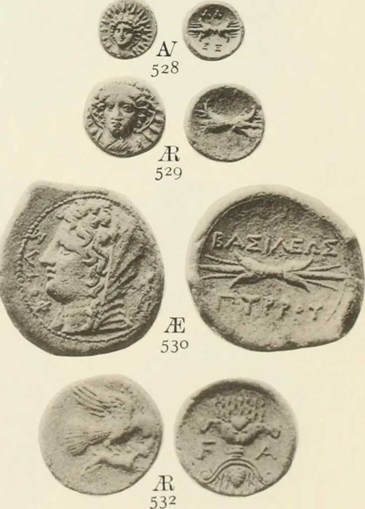 An illustration from Numismata graeca; Greek coin-types, classified for immediate identification, 1910, leaf 142