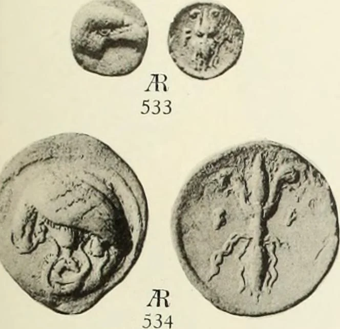An illustration from Numismata graeca; Greek coin-types, classified for immediate identification, 1910, leaf 144