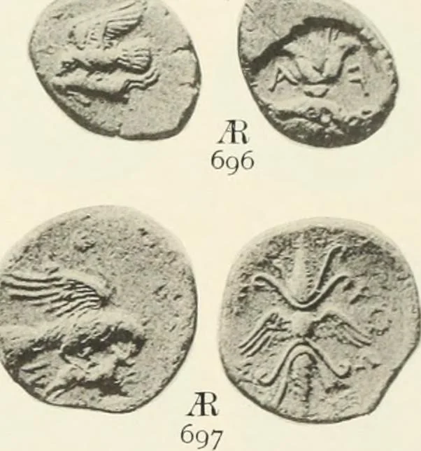 An illustration from Numismata graeca; Greek coin-types, classified for immediate identification, 1910, leaf 150