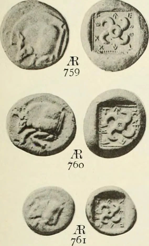An illustration from Numismata graeca; Greek coin-types, classified for immediate identification, 1910, leaf 154