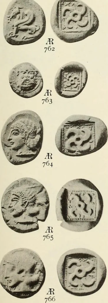 An illustration from Numismata graeca; Greek coin-types, classified for immediate identification, 1910, leaf 154