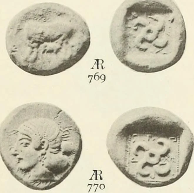 An illustration from Numismata graeca; Greek coin-types, classified for immediate identification, 1910, leaf 154