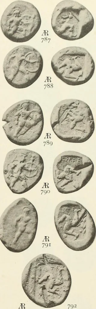 An illustration from Numismata graeca; Greek coin-types, classified for immediate identification, 1910, leaf 154