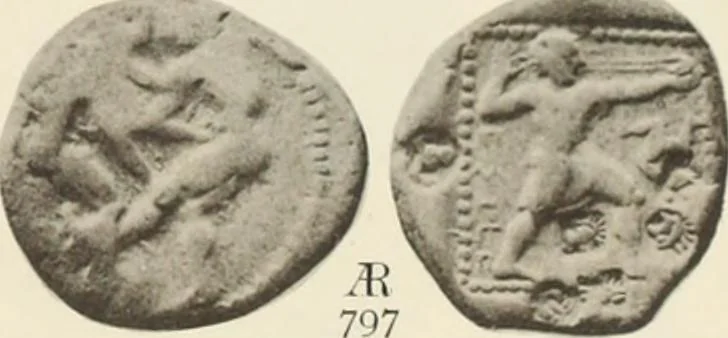 An illustration from Numismata graeca; Greek coin-types, classified for immediate identification, 1910, leaf 154