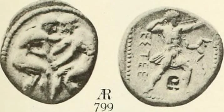 An illustration from Numismata graeca; Greek coin-types, classified for immediate identification, 1910, leaf 156