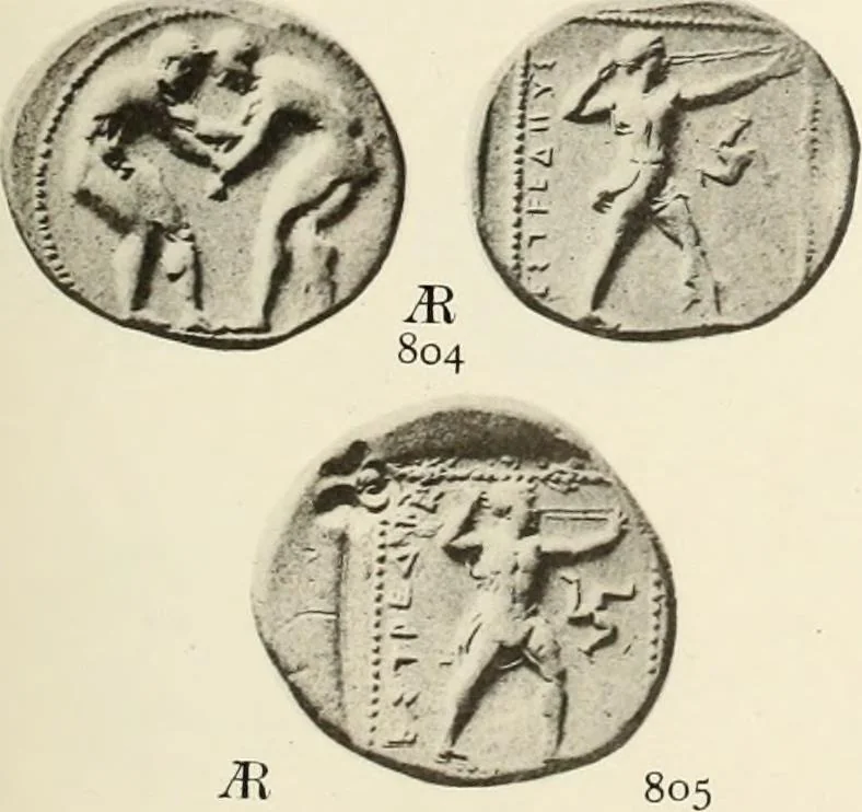 An illustration from Numismata graeca; Greek coin-types, classified for immediate identification, 1910, leaf 156