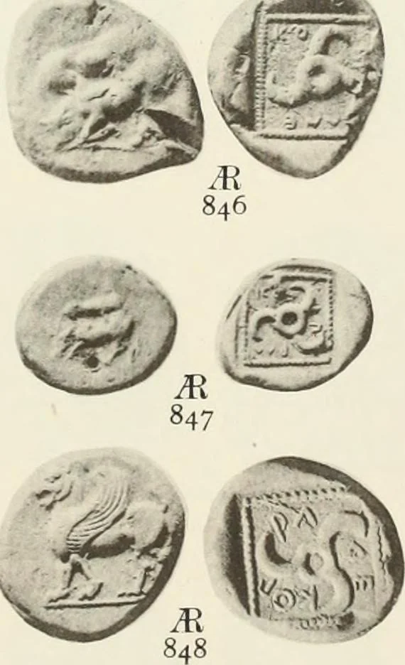 An illustration from Numismata graeca; Greek coin-types, classified for immediate identification, 1910, leaf 158
