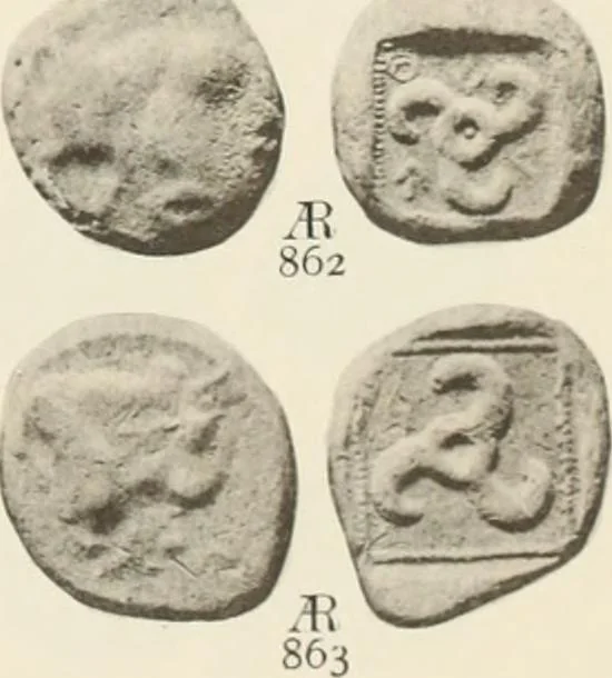 An illustration from Numismata graeca; Greek coin-types, classified for immediate identification, 1910, leaf 158