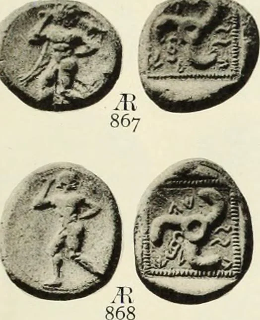An illustration from Numismata graeca; Greek coin-types, classified for immediate identification, 1910, leaf 160