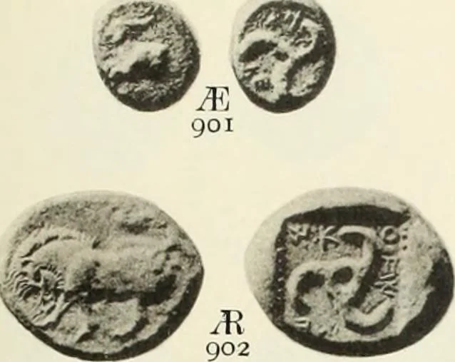An illustration from Numismata graeca; Greek coin-types, classified for immediate identification, 1910, leaf 162