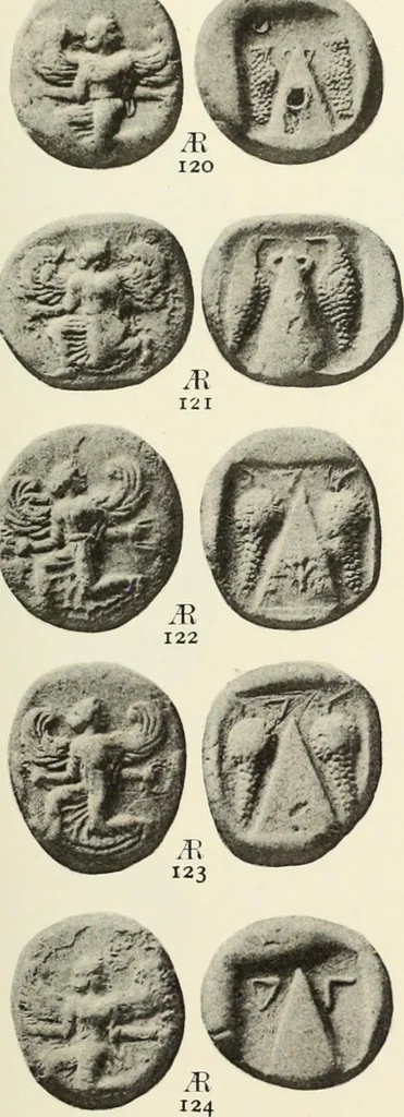 An illustration from Numismata graeca; Greek coin-types, classified for immediate identification, 1910, leaf 344