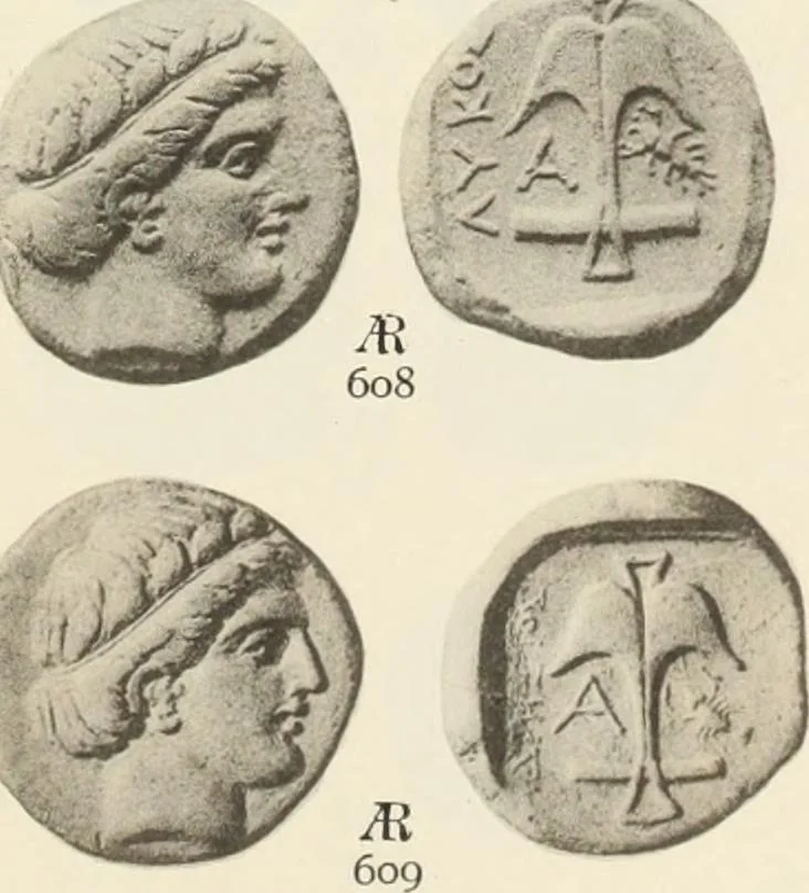 An illustration from Numismata graeca; Greek coin-types, classified for immediate identification, 1910, leaf 364