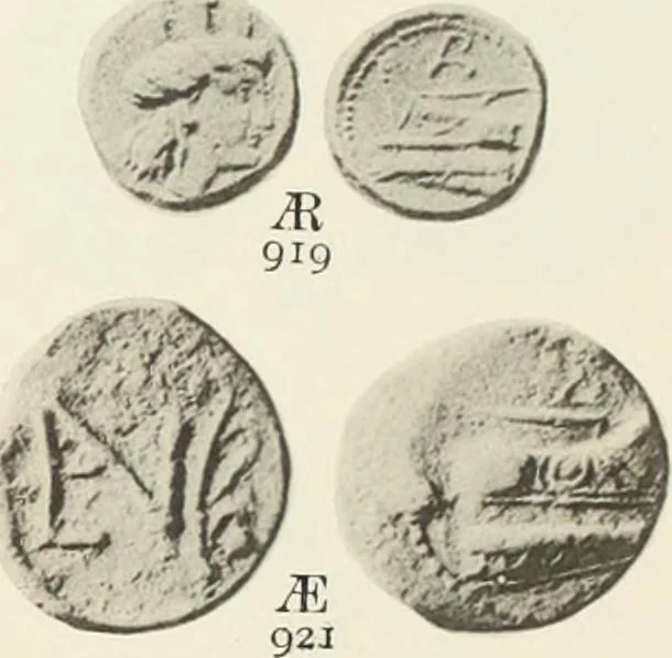 An illustration from Numismata graeca; Greek coin-types, classified for immediate identification, 1910, leaf 374