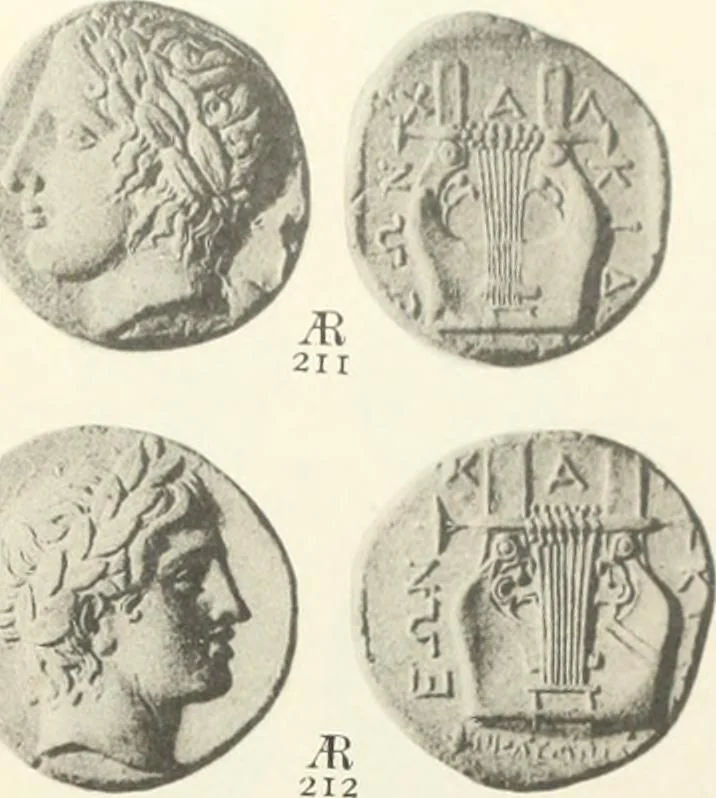 An illustration from Numismata graeca; Greek coin-types, classified for immediate identification, 1910, leaf 548