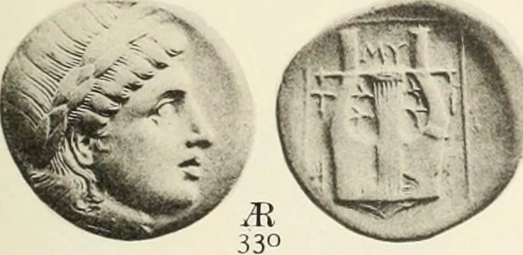 An illustration from Numismata graeca; Greek coin-types, classified for immediate identification, 1910, leaf 552