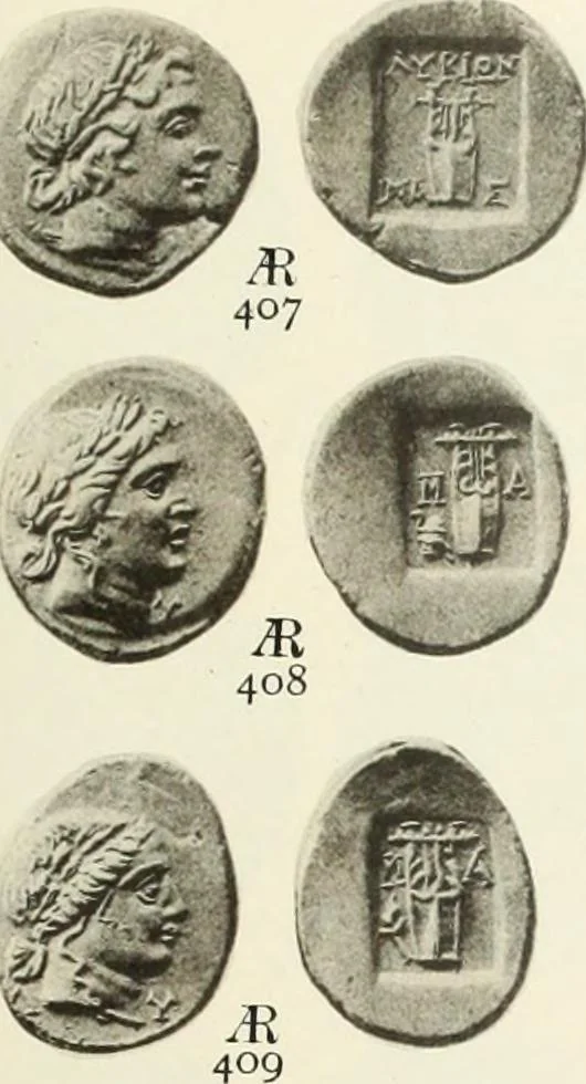 An illustration from Numismata graeca; Greek coin-types, classified for immediate identification, 1910, leaf 556