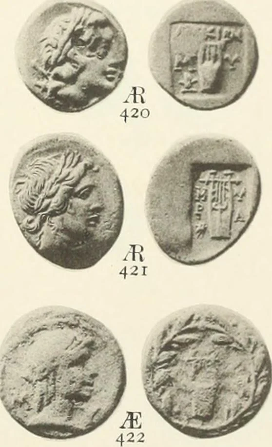 An illustration from Numismata graeca; Greek coin-types, classified for immediate identification, 1910, leaf 556
