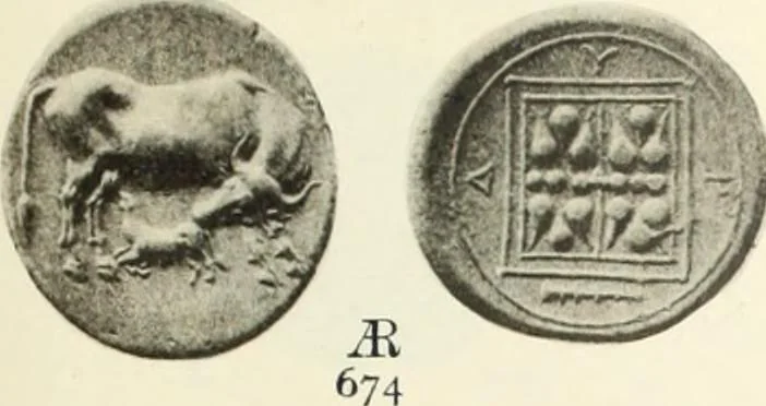 An illustration from Numismata graeca; Greek coin-types, classified for immediate identification, 1910, leaf 566