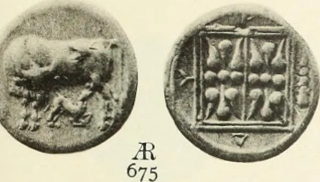 An illustration from Numismata graeca; Greek coin-types, classified for immediate identification, 1910, leaf 566