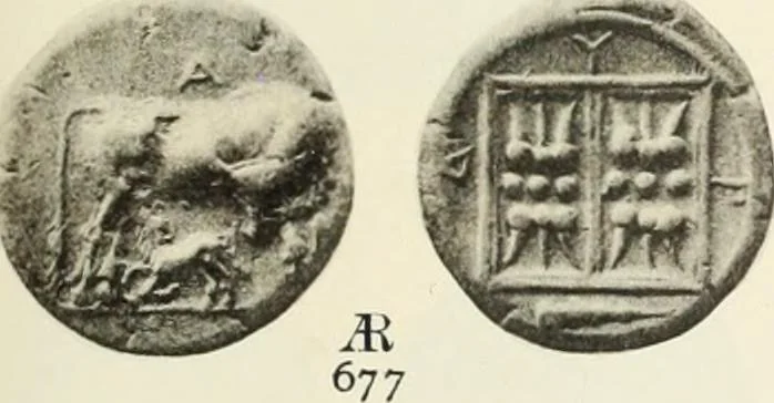 An illustration from Numismata graeca; Greek coin-types, classified for immediate identification, 1910, leaf 566
