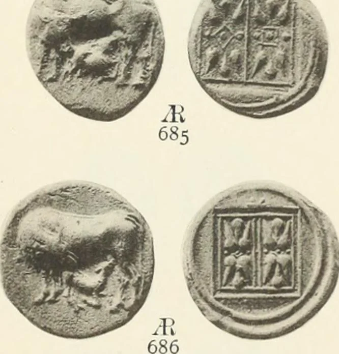 An illustration from Numismata graeca; Greek coin-types, classified for immediate identification, 1910, leaf 566
