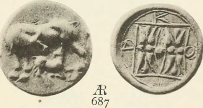 An illustration from Numismata graeca; Greek coin-types, classified for immediate identification, 1910, leaf 566