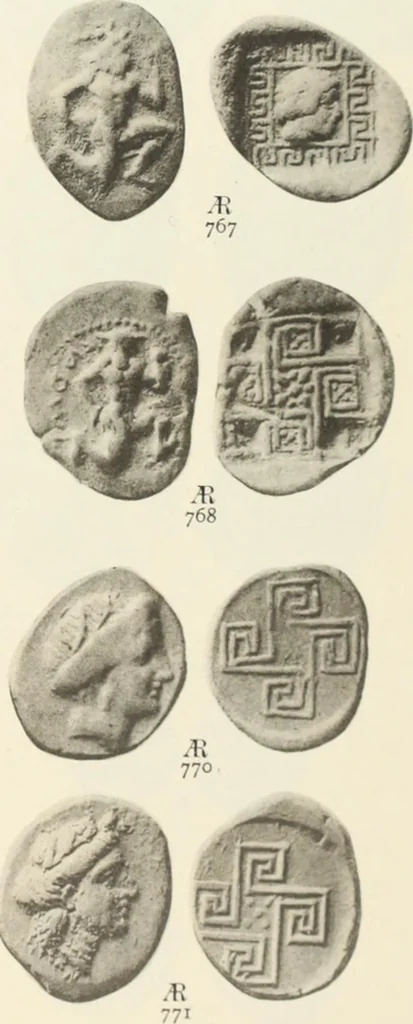 An illustration from Numismata graeca; Greek coin-types, classified for immediate identification, 1910, leaf 568