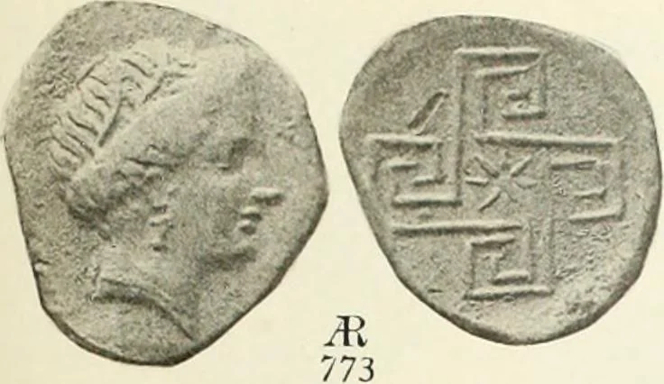 An illustration from Numismata graeca; Greek coin-types, classified for immediate identification, 1910, leaf 570