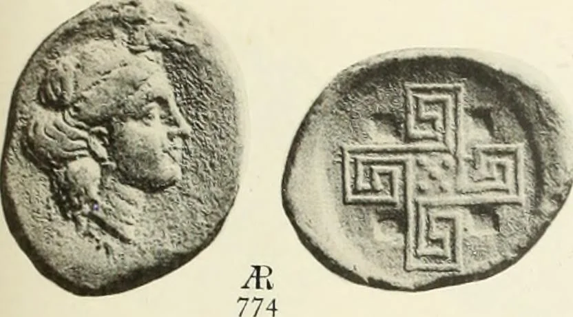 An illustration from Numismata graeca; Greek coin-types, classified for immediate identification, 1910, leaf 570