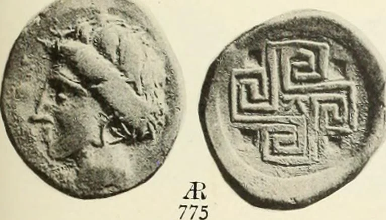 An illustration from Numismata graeca; Greek coin-types, classified for immediate identification, 1910, leaf 570