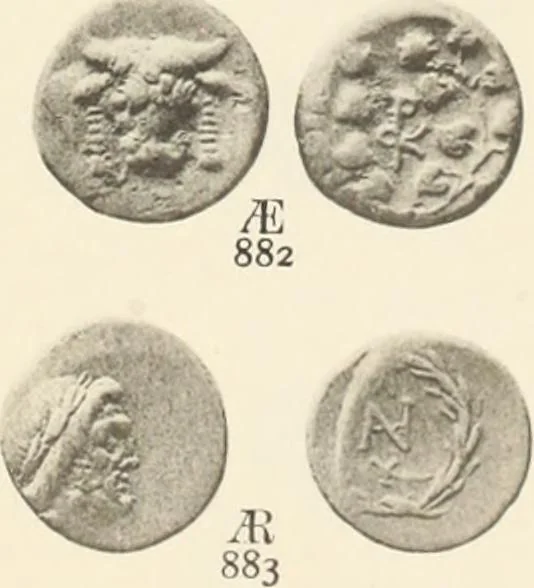 An illustration from Numismata graeca; Greek coin-types, classified for immediate identification, 1910, leaf 574