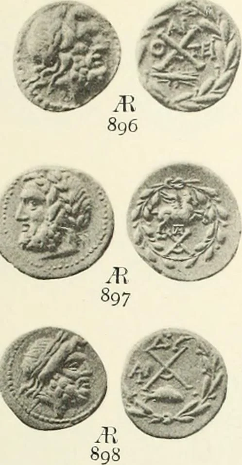 An illustration from Numismata graeca; Greek coin-types, classified for immediate identification, 1910, leaf 576