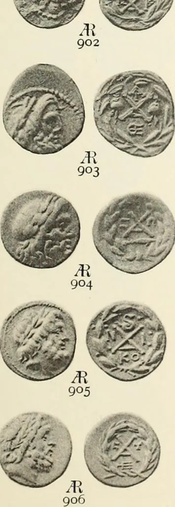 An illustration from Numismata graeca; Greek coin-types, classified for immediate identification, 1910, leaf 576