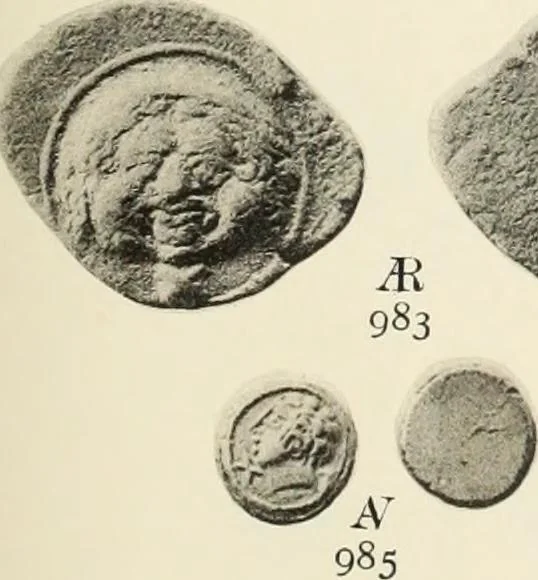 An illustration from Numismata graeca; Greek coin-types, classified for immediate identification, 1910, leaf 580
