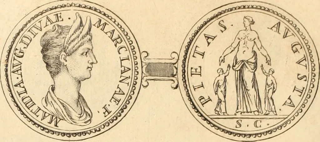 An illustration from Numismata imperatorum romanorum praestantiora a Julio Caesare ad Postumum usque per Joannem Vaillant, 1743, leaf 101