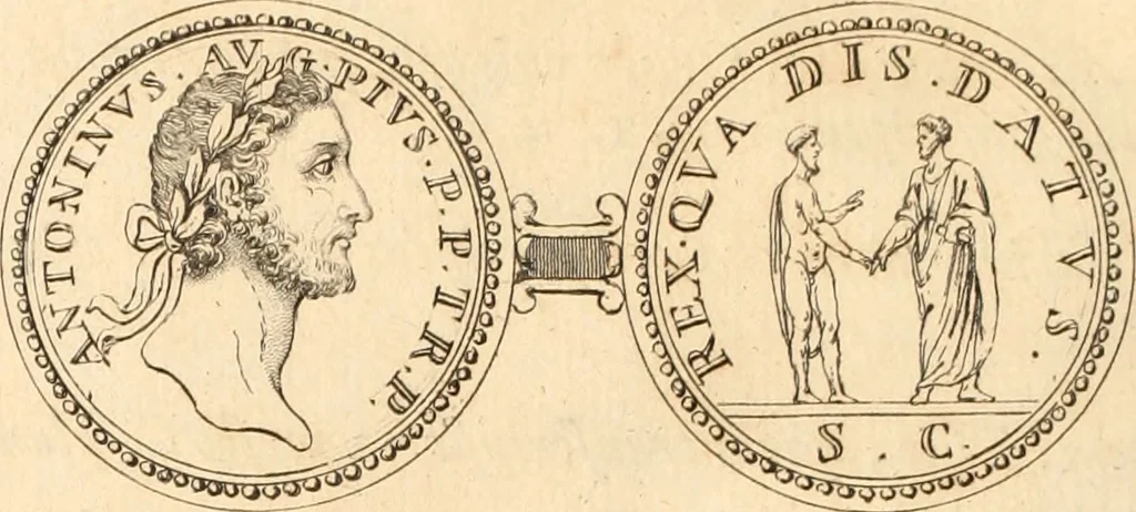 An illustration from Numismata imperatorum romanorum praestantiora a Julio Caesare ad Postumum usque per Joannem Vaillant, 1743, leaf 117